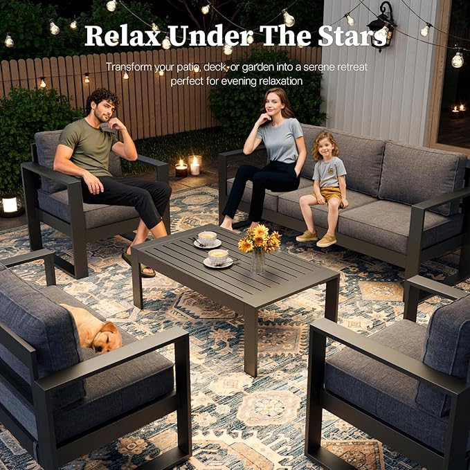 5 Piece Modern Aluminum Patio Furniture Set, Outdoor Patio Sectional Conversation Metal Seating Sets with Olefin Cushion and Coffee Table