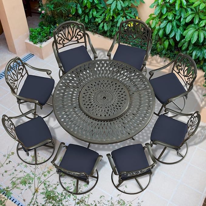 VIVIJASON 9-Piece Patio Dining Set, Rust-Free Cast Aluminum Outdoor Conversation Set, Includes 8 Swivel Dining Chairs & 61" Round Dining Table with 31" Lazy Susan, Umbrella Hole, Navy Blue