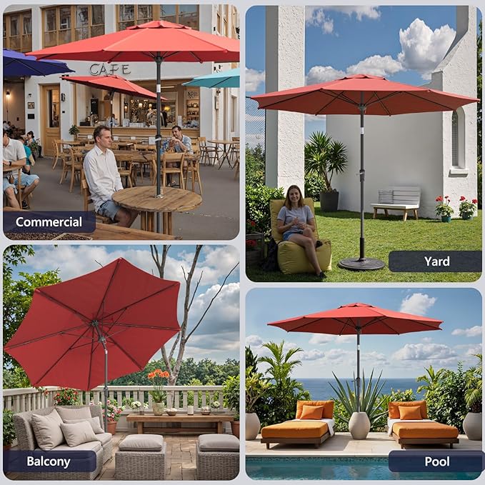Outdoor Patio Umbrella with One Push Button Tilt and Crank, 8 Sturdy Ribs Market Table Umbrella