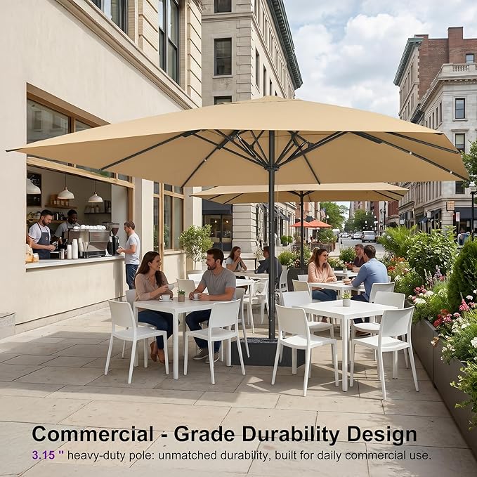 PURPLE LEAF 16' x 16' Square Semi-Auto Outdoor Patio Umbrella Aluminium Market Umbrella Table Sun Umbrella with 3.15" Rod and 8 Sturdy Ribs for Deck Lawn Pool Garden, Beige