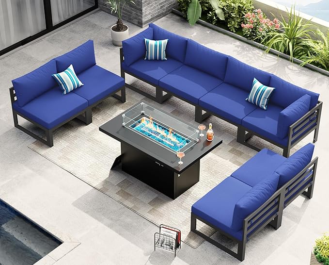 NICESOUL 9 Piece Oversized Modern Aluminum Outdoor Patio Furniture Set with Fire Pit Table, 29" Wide Deep Seat, Fade Resistant Comfy Sectional Sofa, 500 lbs Sturdy Backyard Conversation Set, Navy Blue