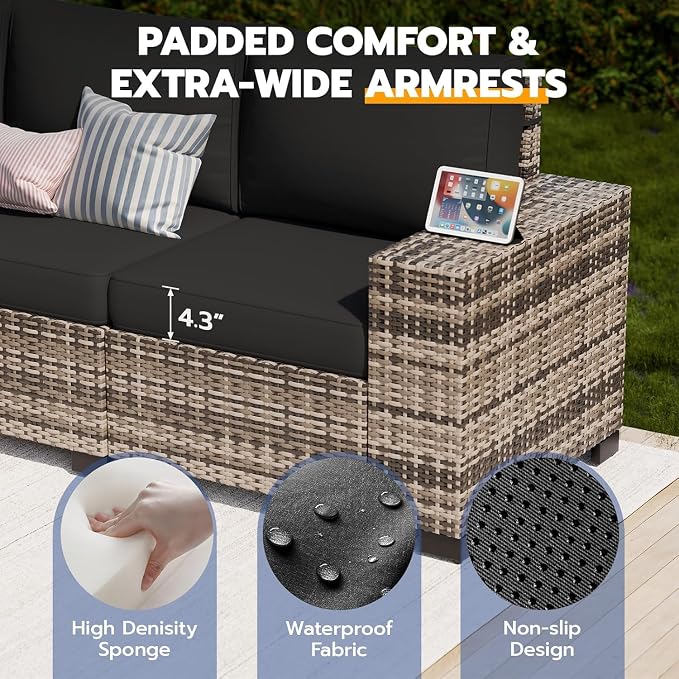 UDPATIO Patio Furniture Set L-Shaped, 8" Width Armrest Sectional Set, Al Weather PE Rattan Conversation Furniture with High Density Cushions and Coffee Table for Outdoor Backyard Porch Black