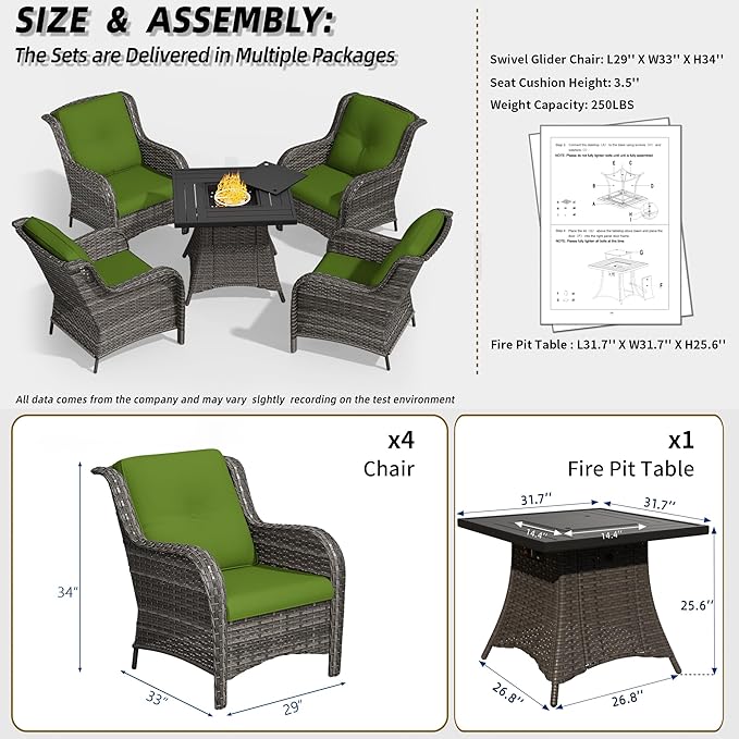 5 Pcs Patio Furniture Set with Fire Table-31'' Fire Pit Table, 4 Outdoor Rattan Wicker Conversation Chairs (4 Fixed Chairs) (Green)