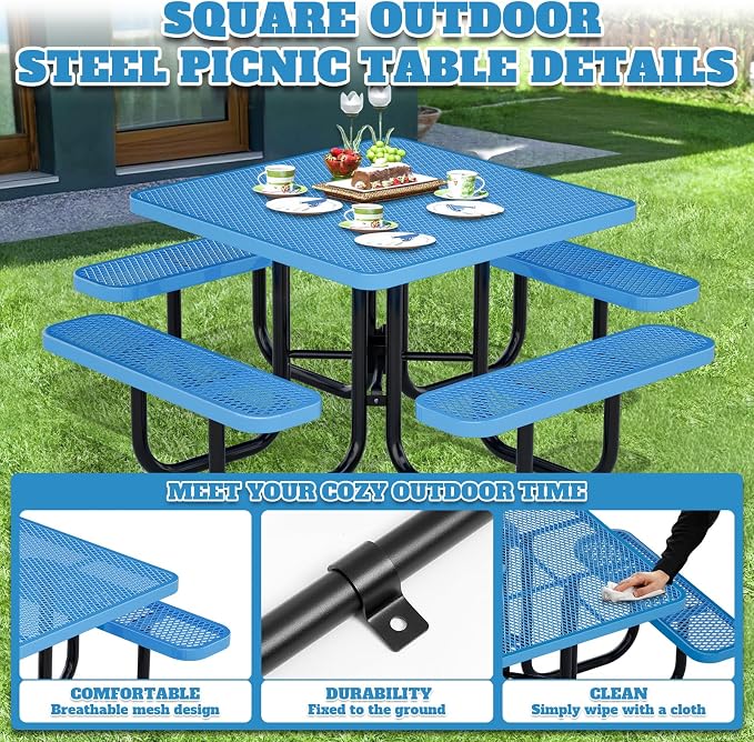Ceridwen Heavy Duty Picnic Table with 4 Benches, Expanded Metal Steel Mesh Outdoor Patio Dining Table Bench Set with Umbrella Hole,Outdoor Patio Dining Table for Garden (Square, Blue, 46FT)
