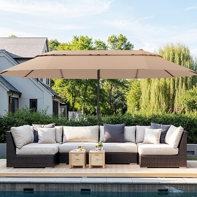 Sophia & William 15ft Extra Large Patio Umbrella with Base Included, 2-Tier Double-Sided Rectangle Outdoor Umbrella with Stand, Market Umbrella for Pool Garden Backyard, Beige