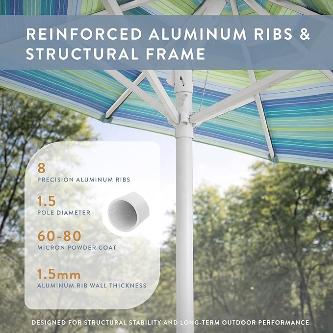 California Umbrella 12-Year Protection 7.5-Ft Outdoor Patio Umbrella, Sunbrella Fade-Resistant Fabric, Auto-Tilt, Heavy Duty Aluminum Frame, 8 Reinforced Ribs for Pool or Deck, White Pole, Seville Seaside