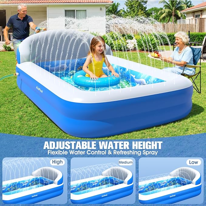 2026 Inflatable Pool with Sprinkler,Durable Blow up Pool with Big Backrest, Rectangle Kid Pool Backyard,Children Swimming Pool,Small Inflatable Kiddie Pool,Outdoor Water Pool for Kid68×38×22IN