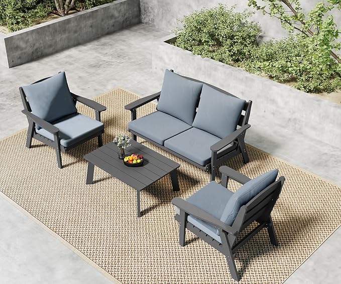 FOOWIN 4-Piece Patio Furniture Set, HDPE All-Weather Outdoor Conversation Set with Thick Cushions, Sectional Patio Sofa Furniture for Deck, Porch, Lawn, Garden, Grey Frame & Grey Cushion