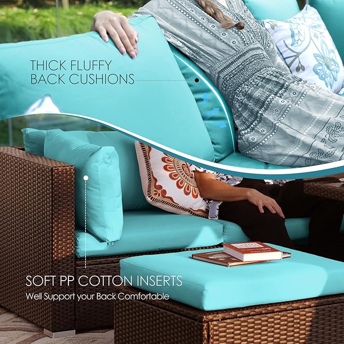 NICESOUL 13 Piece Patio Furniture w/Fireplace, Elegant Outdoor Seating w/Firepit, XL 29.3'' High Back Sectional Sofa, All-Weather Rattan Deck Couch, Modular Sturdy Conversation Set, Brown & Teal