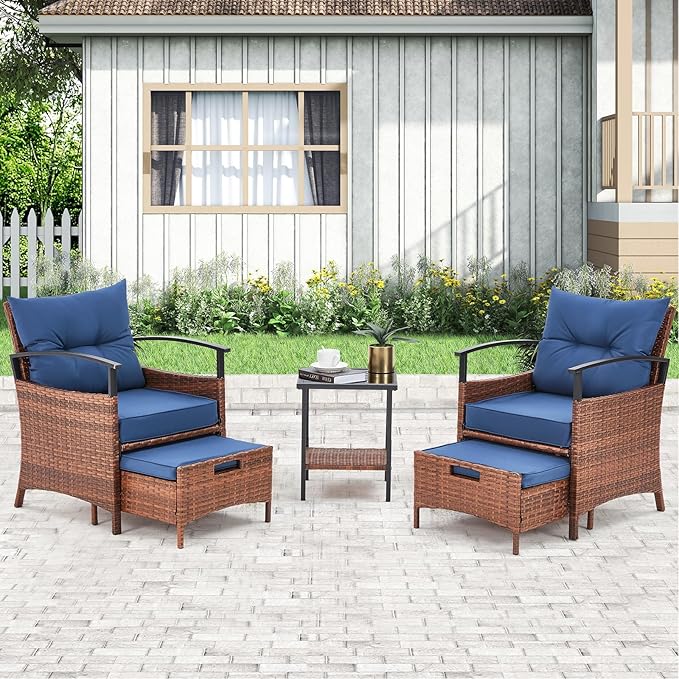 AVAWING 5 PCS Outdoor Rattan Furniture Set, Wicker Conversation Sets W/Metal Coffee Table and Soft Cushions, Patio Chairs with Ottomans for Garden, Porch, Balcony and Deck (Blue)
