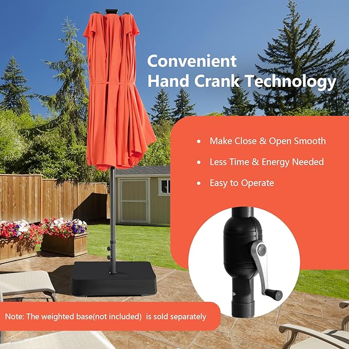 Tangkula 15 Ft Solar Patio Umbrella, Double-Sided Extra Large Outdoor Market Table Umbrella with 48 LED Lights, Crank Handle, 12 Sturdy Ribs for Poolside, Garden & Backyard (Orange)