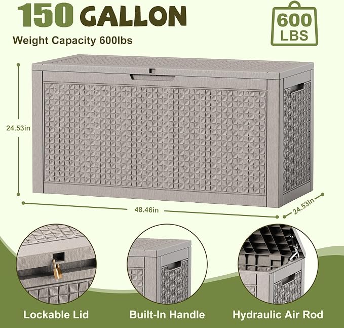150 Gallon Outdoor Storage Box, Large Resin Deck Box Waterproof, Lockable Toy Storage Container, Storage Bins with Lids for Patio furniture, Garden Tool Box, Grey