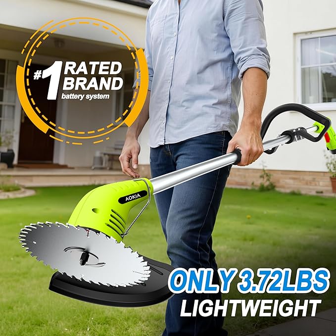 Aokia Electric Weed Wacker Cordless, 12V Battery Powered Weed Eater Cordless with Adjustable Pole (65inch), Lightweight Grass Trimmer Cutter/Edger/Mower with 2 Types Blade for Garden and Yard Lawn