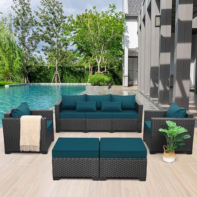Rattaner Patio Furniture Set 5-Piece Outdoor Furniture Sets Wicker Patio Couch Chairs and Ottomans with Anti-slip Cushions and Waterproof Covers, Peacock Blue