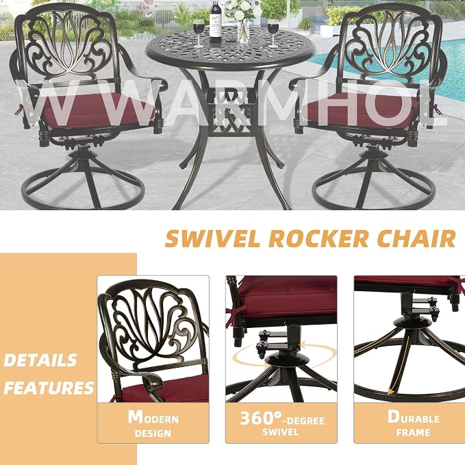 3-Piece Outdoor Patio Dining Set, All-Weather Cast Aluminum Patio Furniture Set for Backyard Garden Deck with 2 Swivel Cushioned Chairs and 31” Round Table, 2" Umbrella Hole, Chili Red