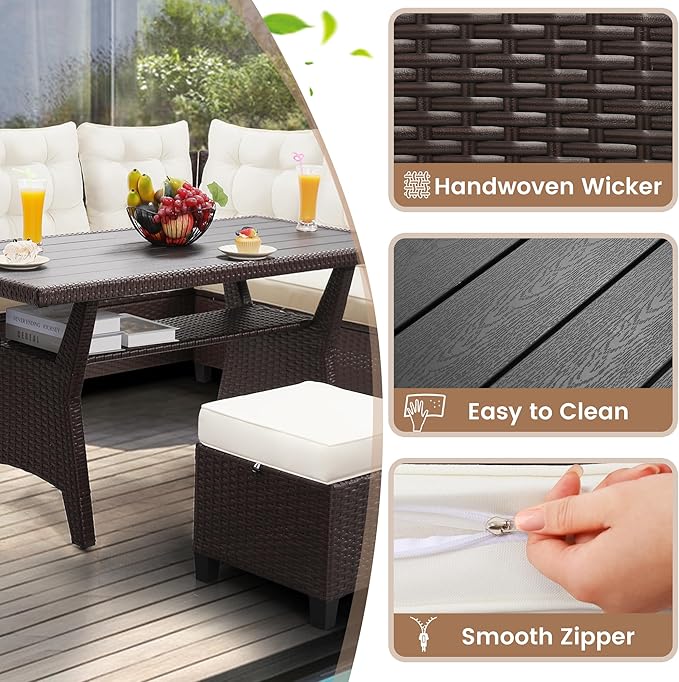 KROFEM 6 Piece Patio Furniture Set, Dining and Conversation Set, Beige | UV Treated Wicker, Machine Washable Cushions, Seats 7, 2 Ottomans, 3 Sofa Section, Dining Table, Rustproof Frame