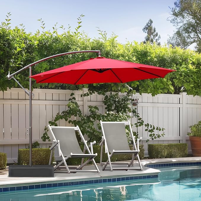 BPS 10ft Patio Umbrella with Base Included, Outdoor Offset Cantilever Umbrella with Easy Tilt Adjustment, UV-Blocking Polyester Shade, 8 Ribs for Backyard, Poolside, Lawn and Garden