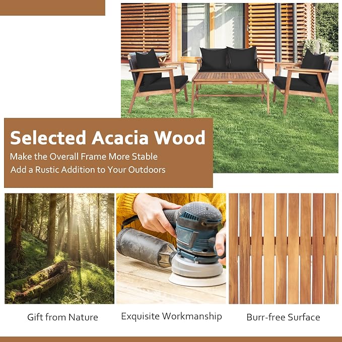 COSTWAY 4 Pieces Acacia Wood Patio Conversation Set, Outdoor Wicker Sofa with Coffee Table & Cushions, Patio Rattan Furniture Set for Yard, Porch, Poolside, Balcony, Backyard, Black & Turquoise