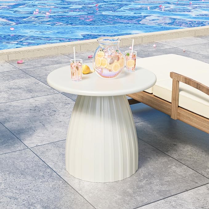 Round Small Patio Side Table, Patio Furniture Accent End Table, Metal Steel Outdoor Side Table, for Garden, Pool, Yard, Balcony, Living Room, Deck, Weather Resistant, No Assembly, Beige White