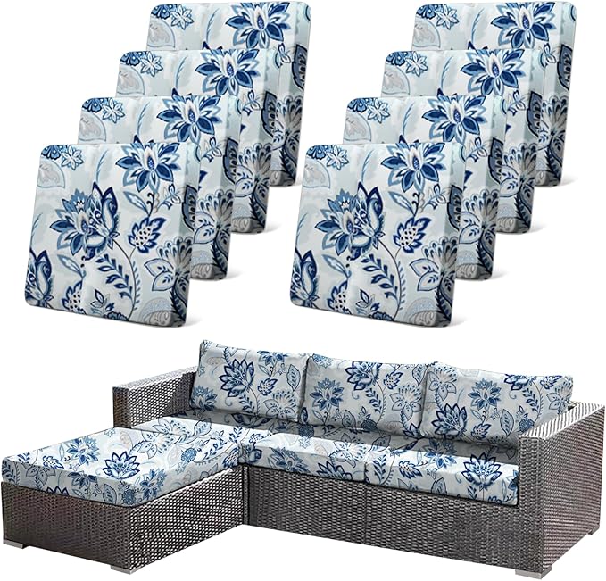 CALBODE 8pcs Floral Printed Stretchy Sofa Cushion Covers for Outdoor Furniture, Sofa Seat Replacement Cover, Flexible Chair Cushion Cover for Porch Garden Furniture Protection(Cover Only)