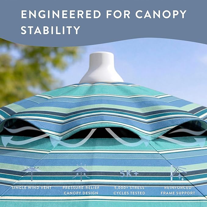 California Umbrella 12-Year Protection 7.5-Ft Outdoor Patio Umbrella, Sunbrella Fade-Resistant Fabric, Auto-Tilt, Heavy Duty Aluminum Frame, 8 Reinforced Ribs for Pool or Deck, White Pole, Dolce Oasis