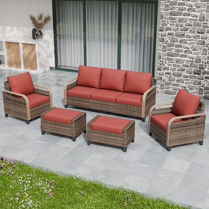 EAGLE PEAK Modern Wicker Outdoor Patio Furniture Set, Patio Conversation Set, 2 Chairs, 3-Seat Loveseat and 2 Ottomans, 5 Pieces, Brown/Red