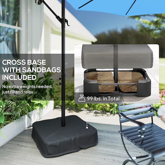Outsunny 10 ft Cantilever Patio Umbrella with Solar LED Light, Sandbag Weight, Offset Hanging Outdoor Market Umbrella with Protective Cover, Crank and Tilt