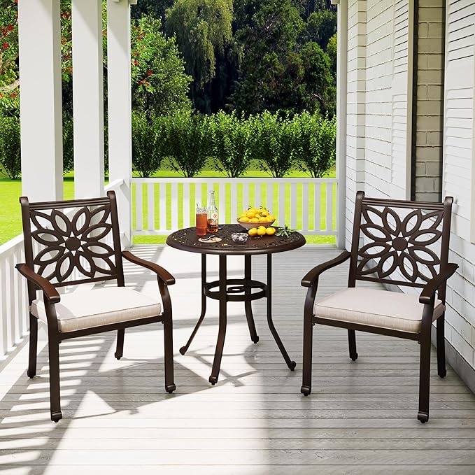 PHI VILLA 3 Pcs Cast Aluminum Patio Bistro Set, Extra Wide Armrest Dining Chairs with Cushion & 1 Round Bistro Dining Table with Umbrella Hole