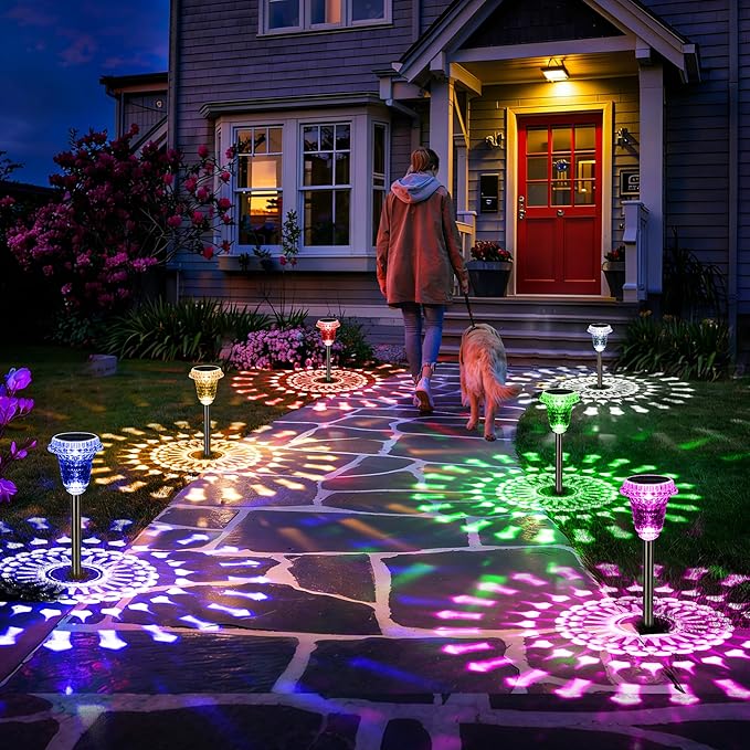 Solar Lights Outdoor Pathway Waterproof, Multicolor Decorative Garden Lights for Walkway Driveway Yard Lawn, Acrylic Solar Powered Landscape Path Lights, 10 Modes (3 White&7 Diverse Colors), 2 Pack