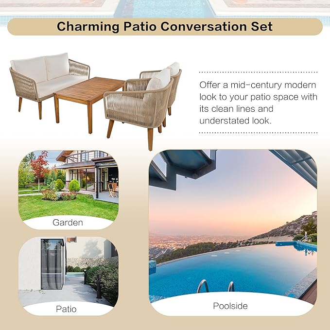 TREXM 4-Piece Patio Conversation Set, Solid Wood Loveseat, 2 Chairs and Table, Outdoor Conversation Group with Cushions for Backyard, Poolside, Garden (Beige Cushion + Natural Rope)