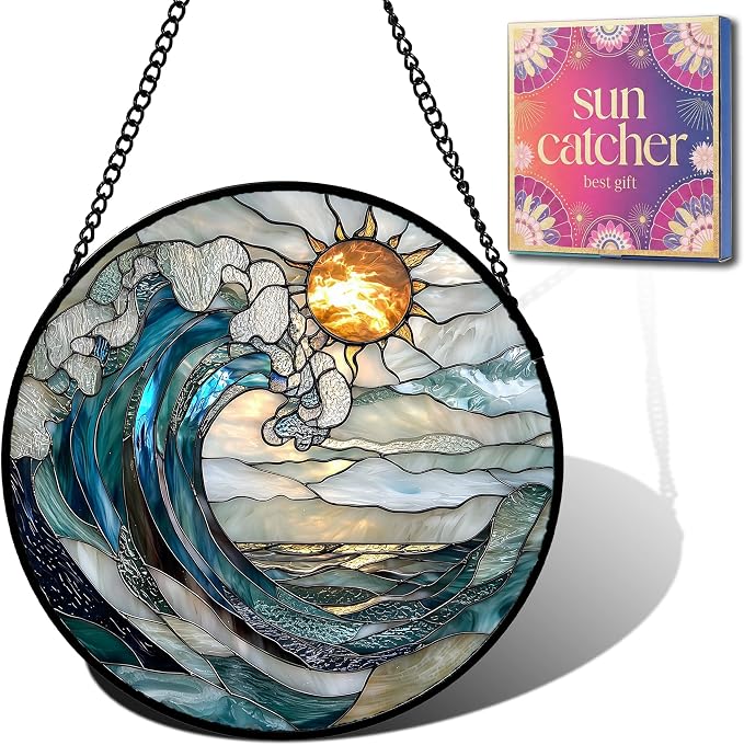 Birthday Gifts for Women - Sunrise Ocean Waves Faux Stained Glass Window Hanging Sun Catcher Mother's Day for Mom Nana Friend Grandma Wife and Door Garden Acrylic Home Decor 9.8"