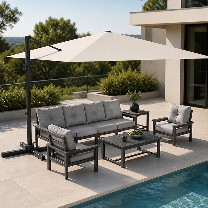 Kingdura 9' X 9' Cantilever Patio Umbrella with Base Included, Large Square Outdoor Offset Umbrella with 360-degree Rotation, 4 Position Tilt, UV Protection for Pool Deck Garden Patio (Cream white)