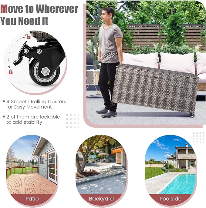 Tangkula 96 Gallon Deck Box, PE Wicker Outdoor Storage Box with 4 Wheels and Waterproof Liner, Outdoor Rectangular Storage Container for Cushions, Garden Tools (Mix Gray)