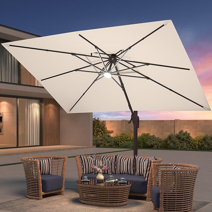 9x12 FT Patio Umbrella with LED Lights Cantilever Outdoor Large Heavy Duty Rectangle Aluminum Offset Umbrellas Double Top 360 Rotation 7 Tilt Adjustment for Pool Deck Garden, Beige