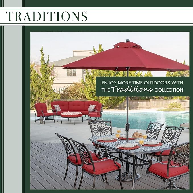 Hanover Traditions 7-Piece Outdoor Dining Set for 6 with Blue Cushions, 6 Swivel Rockers and Aluminum Rectangular Dining Table, Rust-Resistant, Patio Dining Set