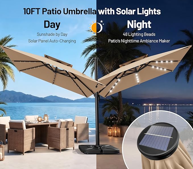 AreShark 10×10FT Solar LED Cantilever Umbrella, Double-Top Outdoor Patio Offset with 360 Degree Rotation, Square Offset Hanging Umbrella for Garden Deck Pool, Beige