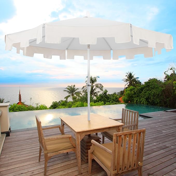 JONATHAN Y Baiona 9 ft. White/Cream Outdoor Patio Umbrella with Crank Lift and Tilt, 8 Ribs UV-Resistant Market Table Umbrella with Square Trim for Pool, Deck, Coastal, White Pole UMB1000B