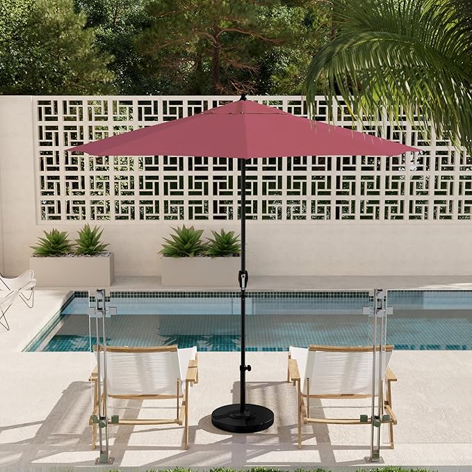California Umbrella 12-Year Protection 9' Rd Aluminum Patio Umbrella, Crank Lift, Auto Tilt, Black Finish, Sunbrella Hot Pink