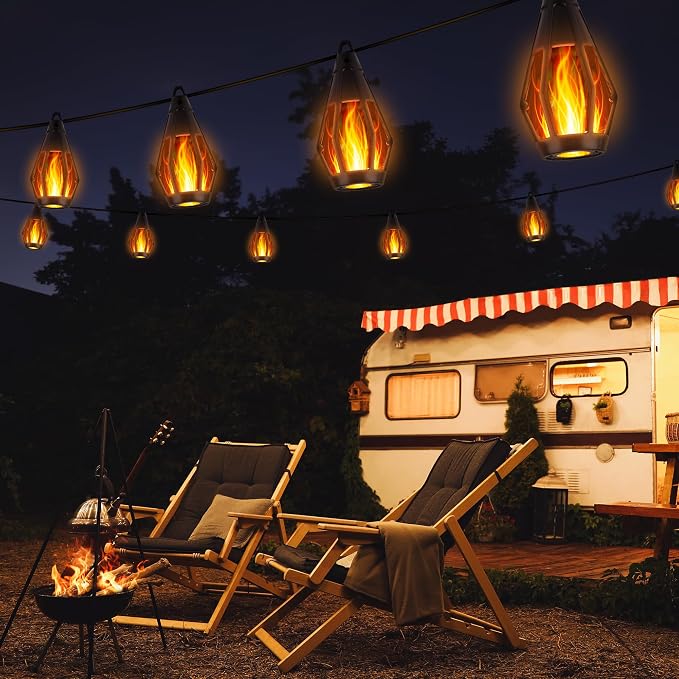 iBaycon Solar Flame String Lights, 27FT 10 LED Bulbs Waterproof, Warm White | Ultra-Real Flickering Flame Lamp Outdoor Waterproof, Solar Patio String Lights for Garden Yard Lawn Decorations