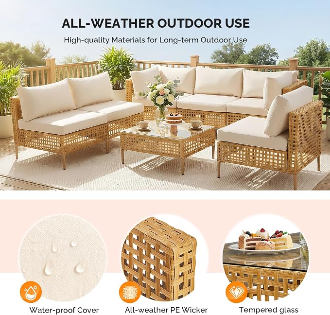 VINGLI 7 Piece Patio Sectional Furniture Set, Wicker Outdoor Furniture with Thick Cushions and Coffee Table, Outdoor Couch Conversation Sets for Garden, Backyard, Pool