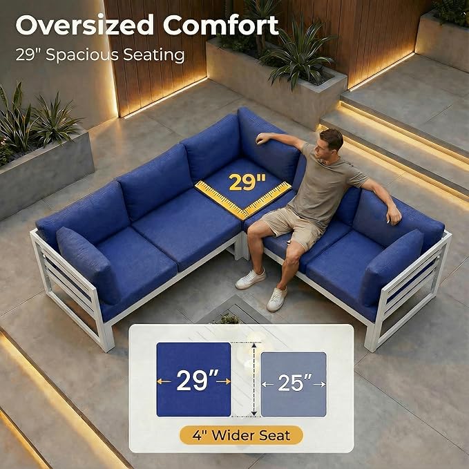 NICESOUL 9 Piece Modern Aluminum Patio Furniture Set with Fire Pit Table, 500 lbs Heavy Duty Outdoor Sectional Sofa, 29" Deep Wide Oversized Seating Conversation Couch for Garden Exterior, Navy Blue