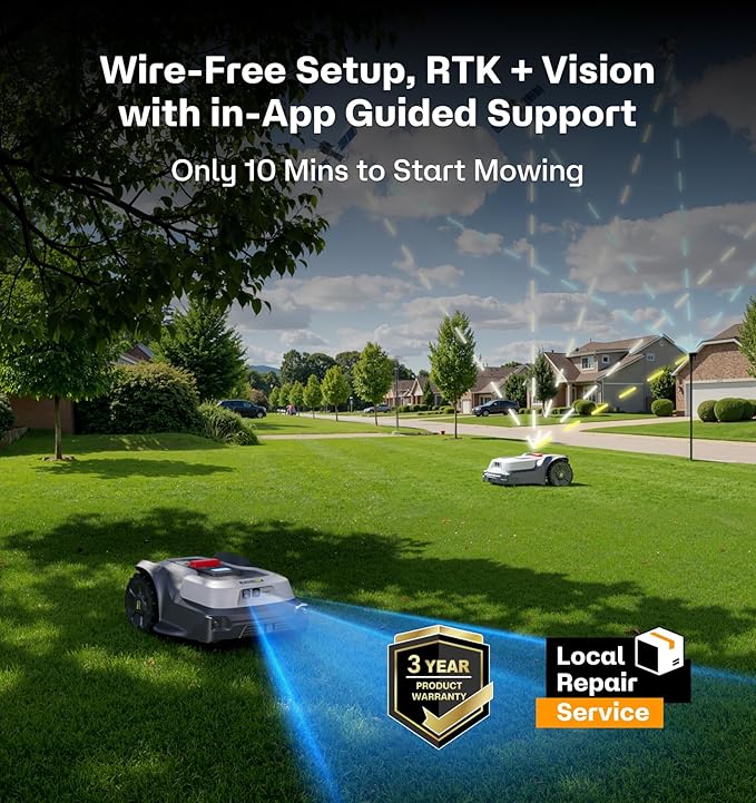 T1200Pro Robot Lawn Mower with L-Shape Wall Mount Rod, No Wire Automatic Robot Mower, Ride-on Edge Mowing, Multiple Zones Management, AI Obstacle Avoidance, for Lawn Up to 0.37 Acre