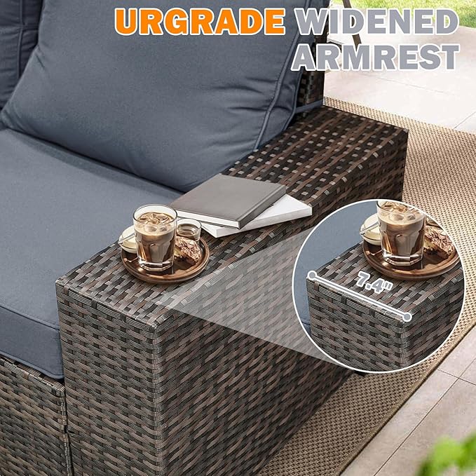 7 Pieces Patio Furniture Set,Wicker PE Rattan Outdoor Sectional with Cushion & Coffee Table, Patio Conversation Sofa for Garden, Backyard, Poolside, Grey