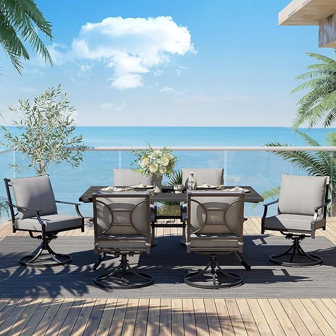 Grand patio 7-Piece Outdoor Dining Set for 6 E-Coated Patio Dining Furniture Set for 6 Patio Swivel Dining Chairs with Olefin Cushions 1 Rectangular Dining Faux Woodgrain Table with Umbrella Hole Grey