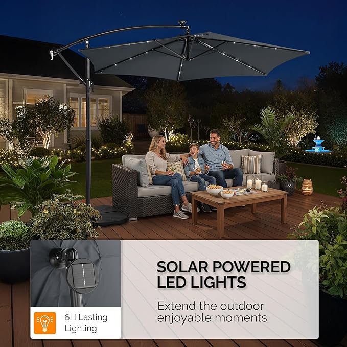 VINGLI 10 ft Cantilever Patio Umbrella, Offset Cantilever Outdoor Umbrella with Solar Lights, Easy Crank & Tilt Adjustment for Backyard, Poolside, Deck