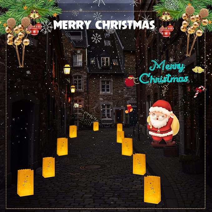 Sabary 50 Sets Luminary Bags with Flameless Tea Lights Outdoor Luminaries LED Lantern Candle Bags for Wedding Birthday Ramadan Christmas Party Decorations Romantic Decor(Xmas Tree)