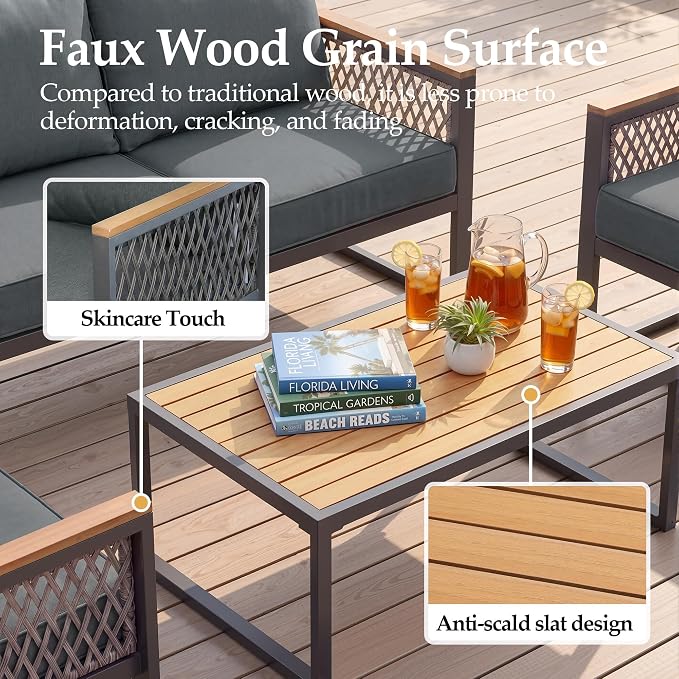 UPHA 5 Pieces Patio Furniture Set, Metal Outdoor Sectional Couch Set with Loveseat & 3-Seat Sofa, 2 Chairs, Coffee Table, Modern Patio Conversation Set for Porch Balcony Deck, 7 Seats, Gray