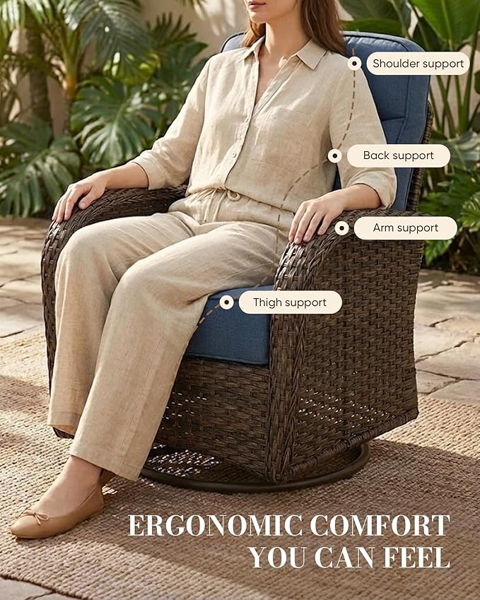 Belord Upgraded 6“ Cushion Luxury Patio Furniture Set with Fire Pit Table - 7 Piece Wicker Furniture Set with High Back Swivel Rocker Patio Chairs, Conversation Set for Deck Porch Yard - Brown/Blue