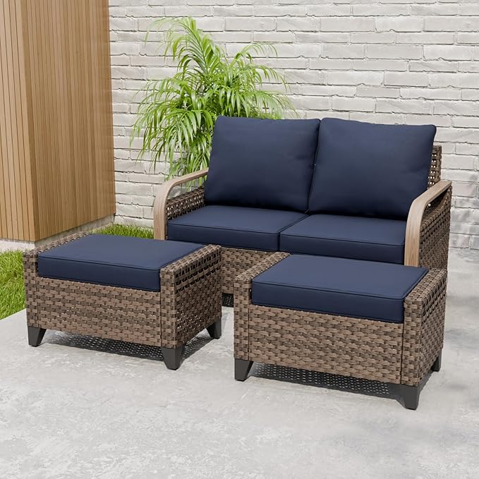 EAGLE PEAK Modern Wicker Outdoor Patio Furniture Set, Patio Conversation Set, a 2-Seat Loveseat and 2 Ottomans, 3 Pieces, Brown/Blue