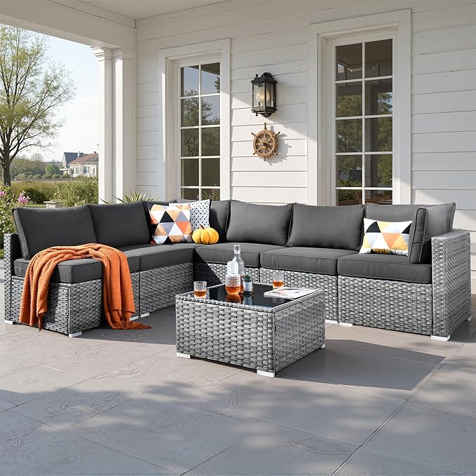 7 PCS Outdoor Patio Furniture Sets,Wicker Weather Resistant Patio Conversation Set with Comfy Cushions,Modular L Shaped Sofa with Coffee Table for Yard Backyard Porch Garden Poolside,Black